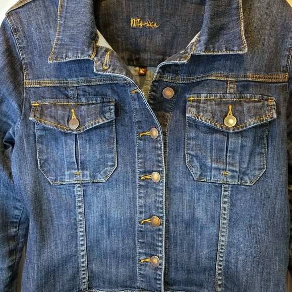 Kut from the Kloth Jean Jacket Womens XL L Blue Denim Dark Wash Cropped Trucker - Picture 14 of 14